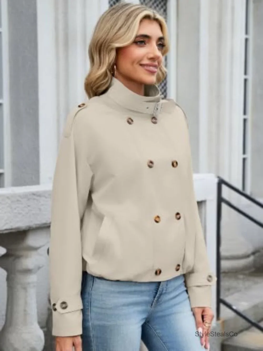 Cropped Trench Coat Vintage Button Jacket with Pockets